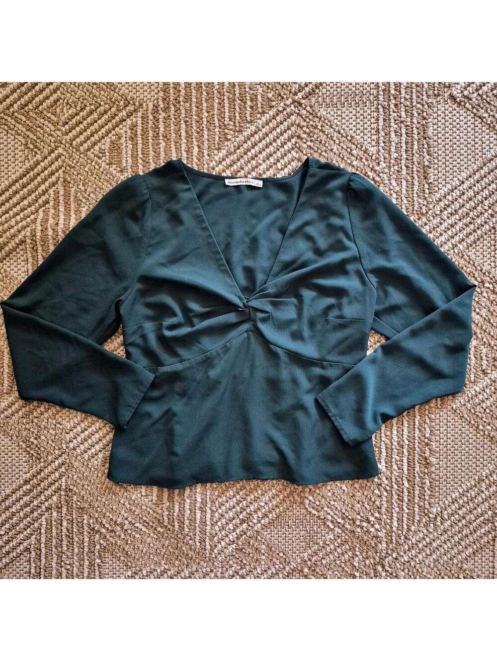 Whimsigoth Abercrombie Holiday Green V Neck Twist Knot Long Sleeve Blouse L